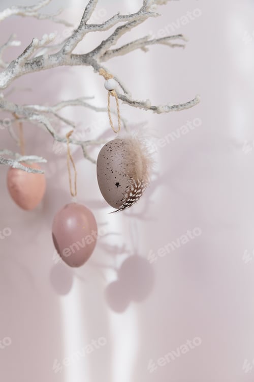 Preview: Tree branch with Easter eggs on pink background with sunlight and shadows