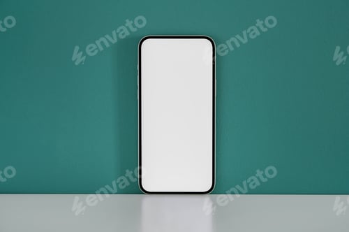 Preview: Smartphone with a blank screen placed on a white desk against a green wall