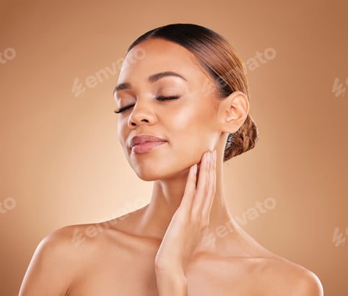 Preview: Skincare, beauty and relax woman with soft skin from facial and dermatology. Self care, isolated an