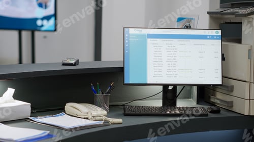 Preview: Health center registration desk with medical appointments on computer