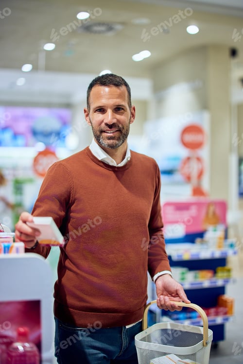 Preview: Man Shopping in Pharmacy Holding a Basket and Payment Card