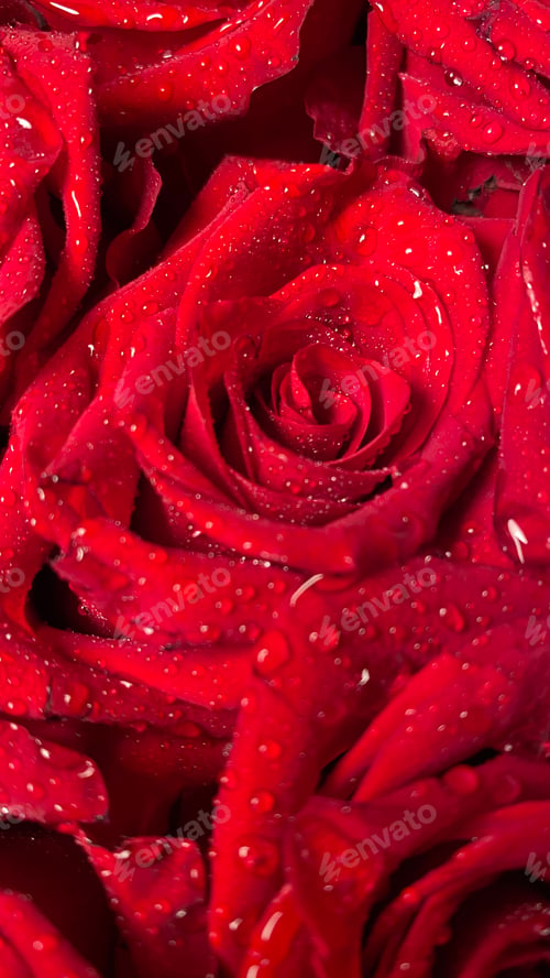 Preview: macro photography of red roses with water drops. Background.