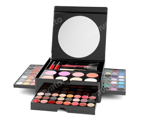 Preview: Large makeup case with different decorative cosmetics and mirror isolated on white