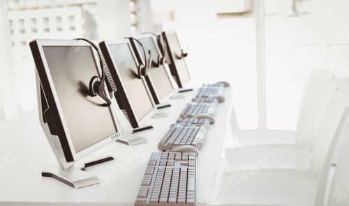 Preview: Call center computers and headsets all in a row