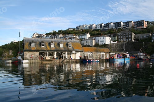 Preview: View of Mevagissey Harbour in England with houses on a hill under a blue sky