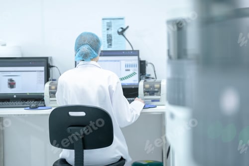 Preview: A clinical laboratory professional in a sterile cleanroom uses a computer to analyze