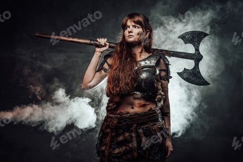 Preview: Serious woman viking with axe in dark foggy background