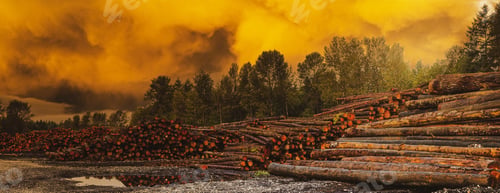 Preview: A stack of cut trees lays wet in a pile at a lumber yard after being logged from a forest