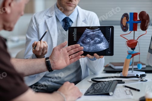 Preview: Middle Aged Caucasian Urologist Showing Ultrasound Scan to Senior Man