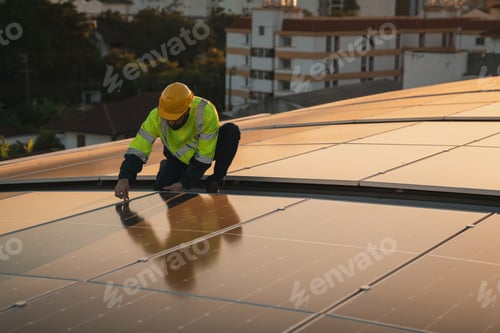 Preview: Service engineer checking solar cell on the roof for maintenance if there is a damaged part.