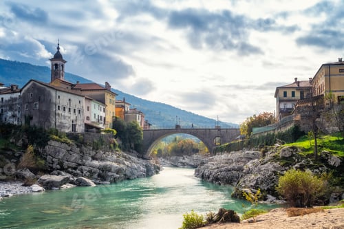 Preview: Kanal on the Soca village in Slovenia with a beautiful arch bridge