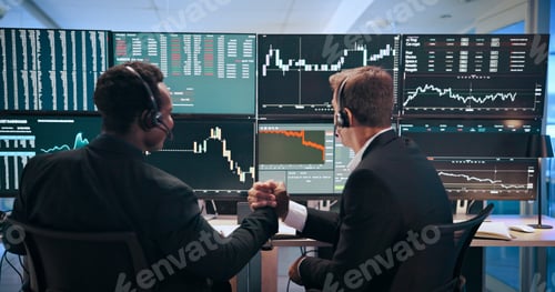 Preview: Business men, screen and computer with handshake of trading, partnership and increase of stock mark