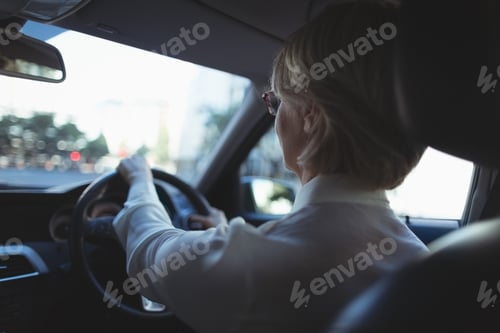 Preview: Rear view of businesswoman driving