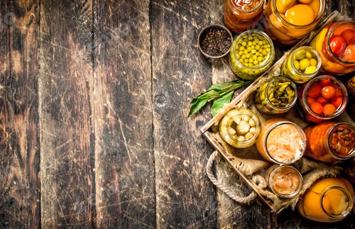 Preview: Different preserved vegetables from vegetables and mushrooms in glass jars.