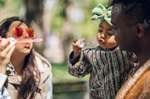 Preview: Multiracial family blowing soap bubbles in park