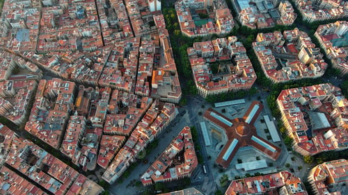 Preview: Aerial view of Barcelona Eixample residential district and old town narrow streets, gothic quarter
