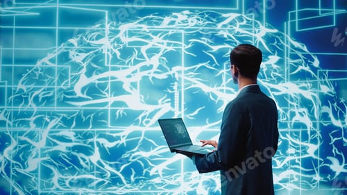 Preview: Computer scientist solving tasks on laptop, running AI programming