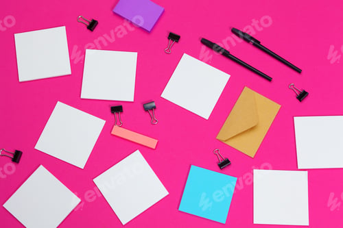 Preview: mock up concept. cards Papers on pink background. Top view, flat lay, copy space