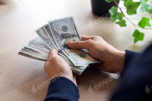 Preview: Businesswoman counting hundred dollar bills
