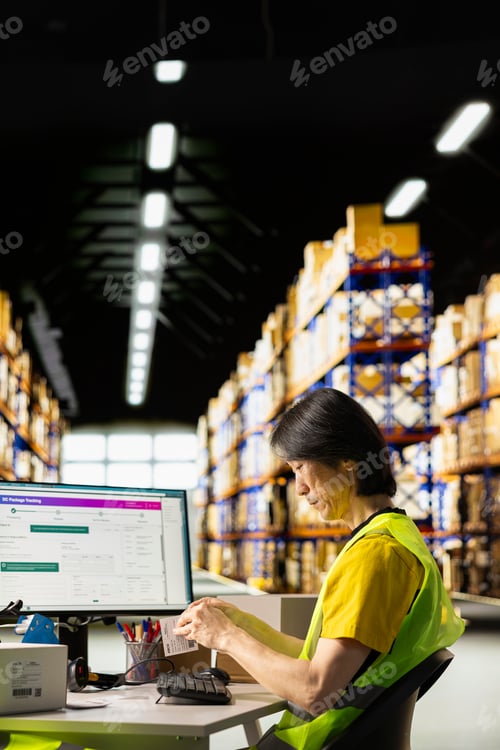 Preview: Logistics worker packages in a warehouse with barcode airway bill