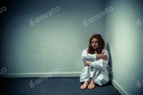 Preview: demonic evil girl in nightgown standing near wall