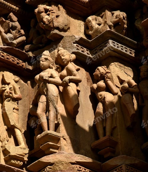 Preview: Stone carving bas relief sculptures on Khajuraho Temple, India.