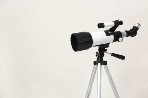 Preview: Tripod with modern telescope on white background, closeup. Space for text