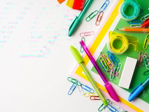 Visualização: Papelaria, ferramentas coloridas de redação escolar, acessórios, canetas