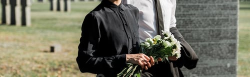 Preview: panoramic shot of senior man near woman with flowers on funeral