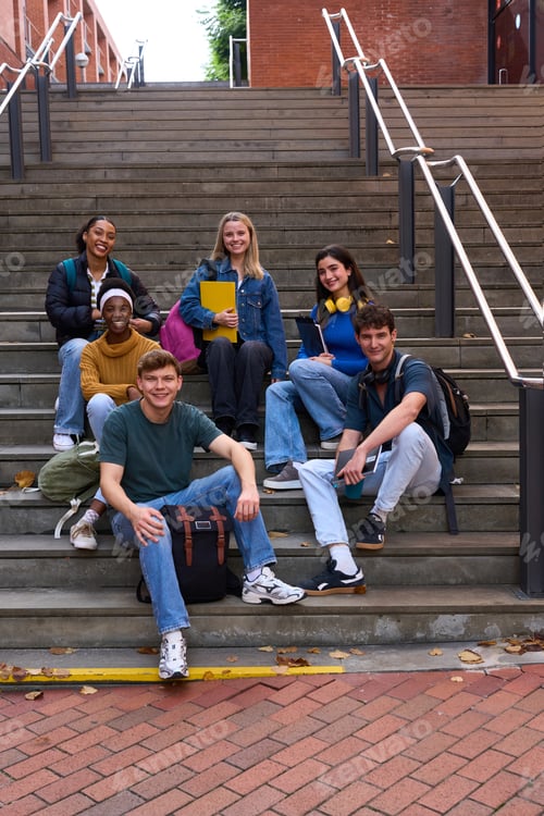 Preview: Diverse students sitting on campus stairs smiling