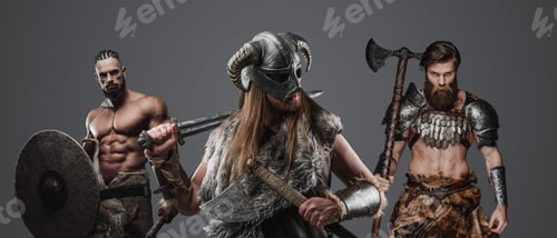 Preview: Three furious vikings from past against gray background