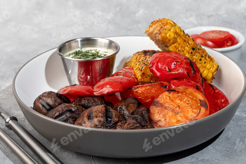 Preview: Grilled vegetables on a plate, corn and bell peppers, mushrooms and sauce.