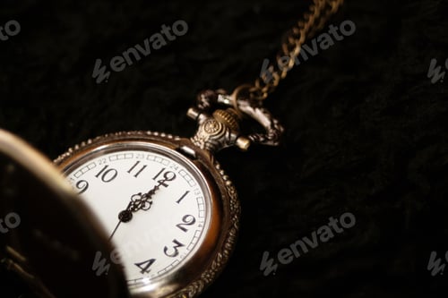 Preview: Retro clock on black background. Vintage watch showing twelve. Close up. New year countdown clock.