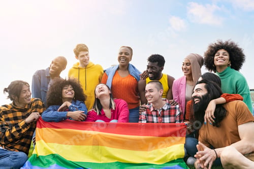 Preview: multiracial young group in protest lgbt gay pride day