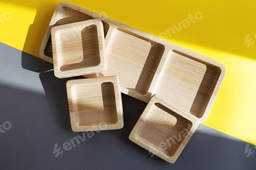 Preview: wood empty plates for snack on color grey and yellow background
