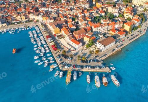 Preview: Aerial view of beautiful old city, sea, boats and yachts