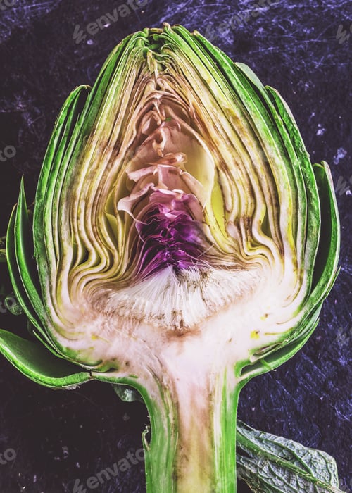 Preview: ARTICHOKE. Close up of artichoke, top view, dark background. Macro