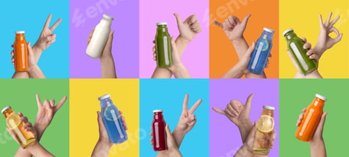 Preview: Collection of hands with colorful glass bottles recommending tasty drinks