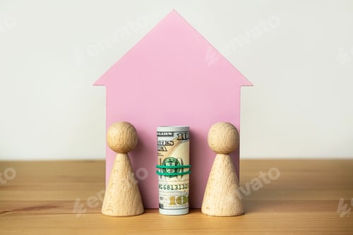 Preview: Family concept.Wooden house, US dollars and wooden men on a light background. Family savings