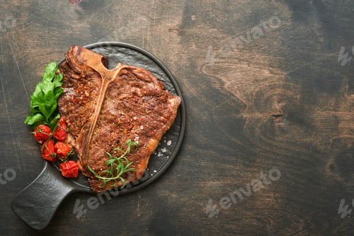 Preview: Steaks T-bone. Sliced beef grilled T-bone or porterhouse meat steak with spices rosemary and pepper