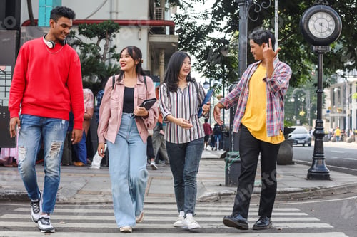 Preview: college students walking together crossing the street at zebra cross