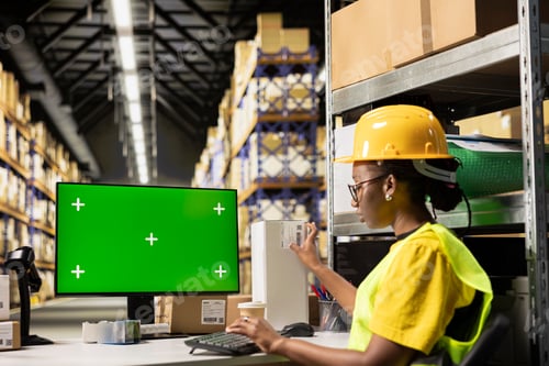 Preview: Female warehouse clerk checking awb labels next to green screen