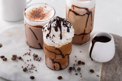 Preview: Chocolate frappe in a variety of glasses with chocolate syrup
