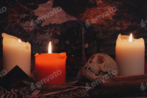 Preview: Altar with skull, statue and candles