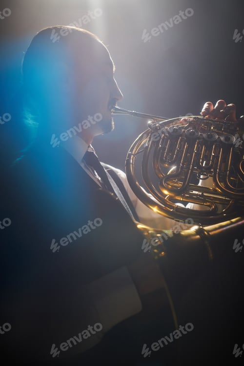 Preview: Male Musician Playing French Horn while Performing Music on Stage under Spotlight