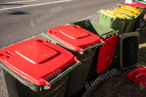 Preview: Wheelie bins for household rubbish garbage waste lined up on the street after council collection
