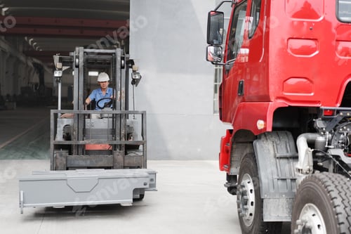 Preview: Male factory worker driving forklift truck at crane factory, China