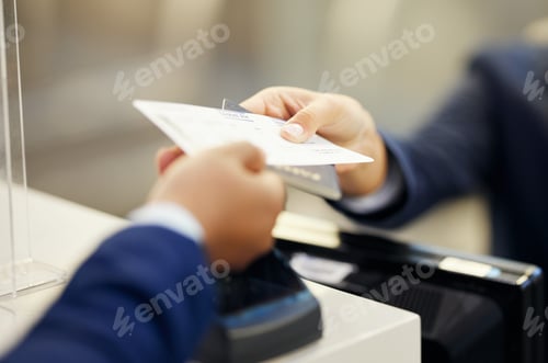 Preview: Hands, airport and service agent with ticket, passport or documents to board plane at terminal coun
