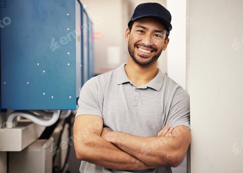 Preview: Engineer, happy portrait and a man in a data center for maintenance, programming and cybersecurity.
