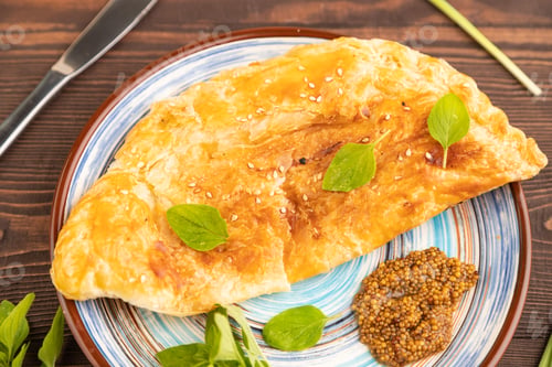 Preview: Fried homemade Khachapuri cake with cheese and meat, fried in pan